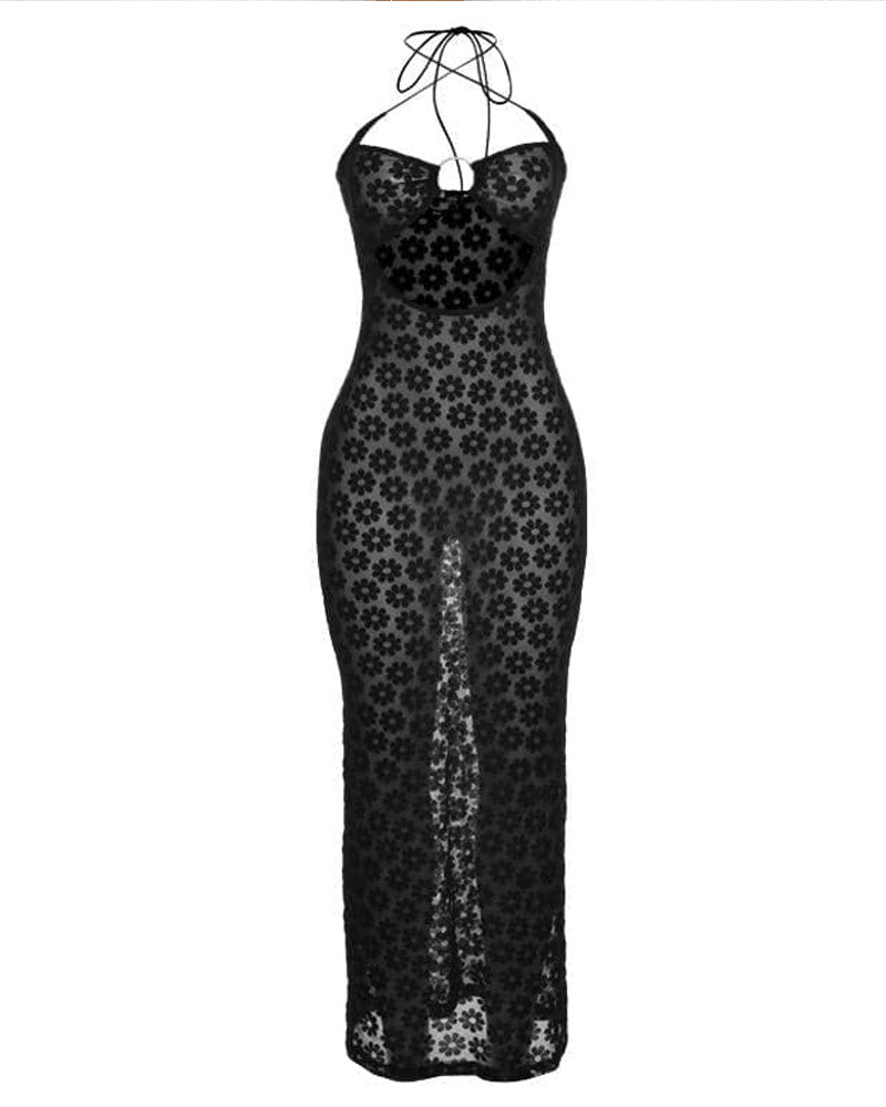 Women's Mesh Elegant Flower Suspender Hollow Long Dress