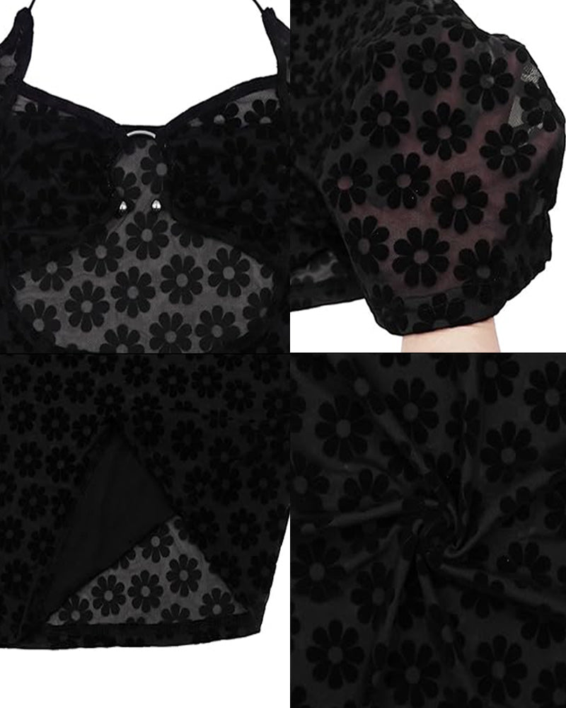 Women's Mesh Elegant Flower Suspender Hollow Long Dress