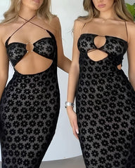 Women's Mesh Elegant Flower Suspender Hollow Long Dress