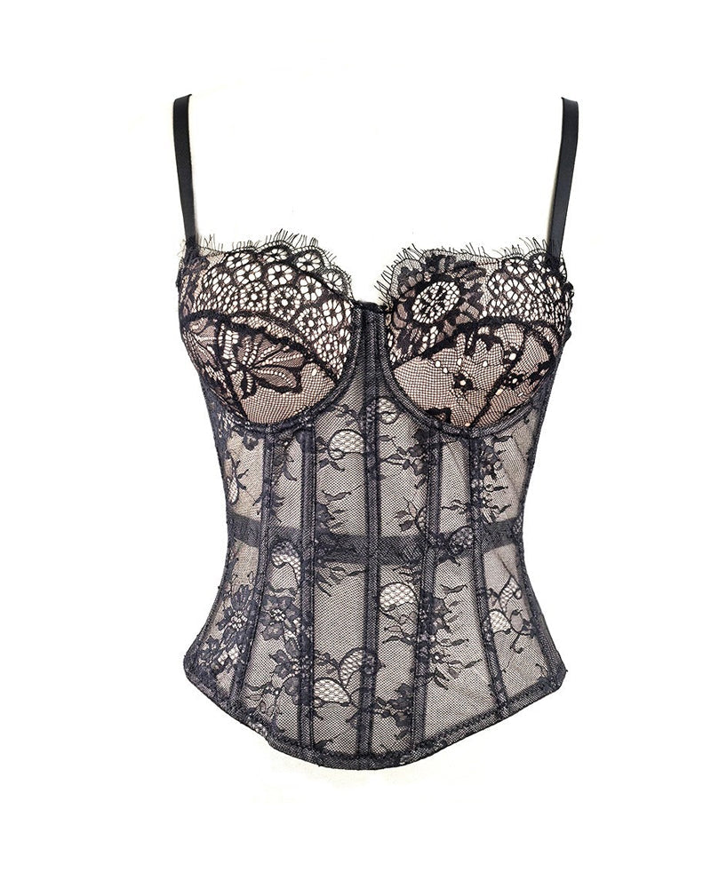 Strapless Lace Mesh See-through Underwire Bra Back Tie Fishbone Top