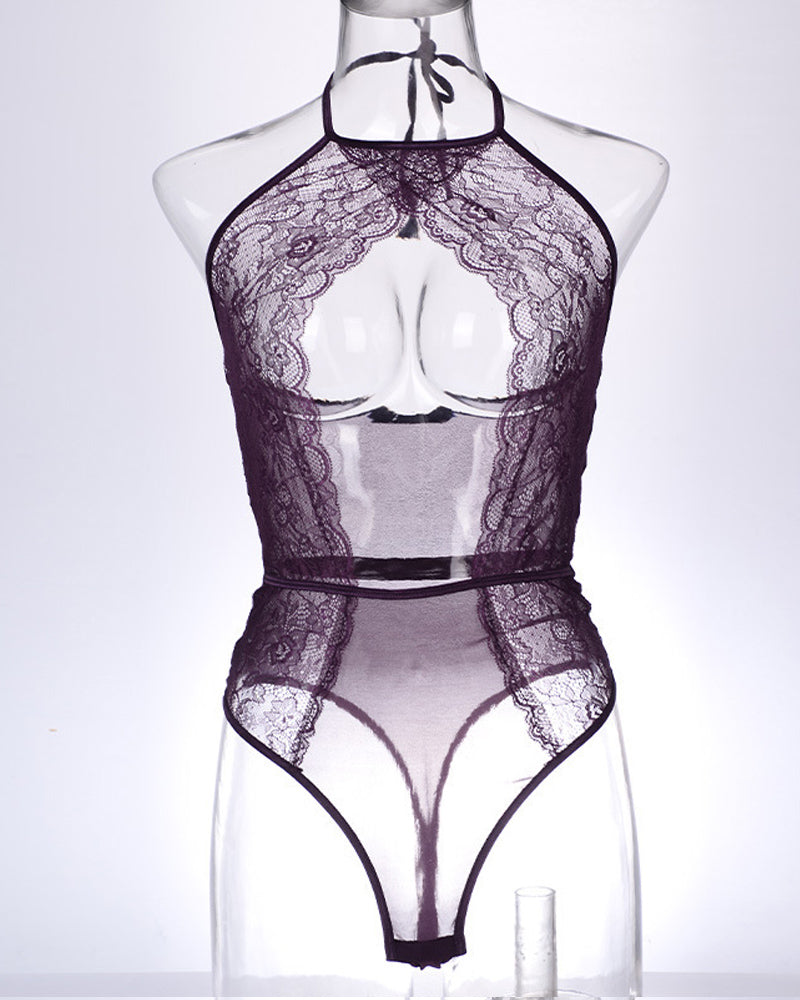 Lace Mesh Openwork Halter Bodysuit