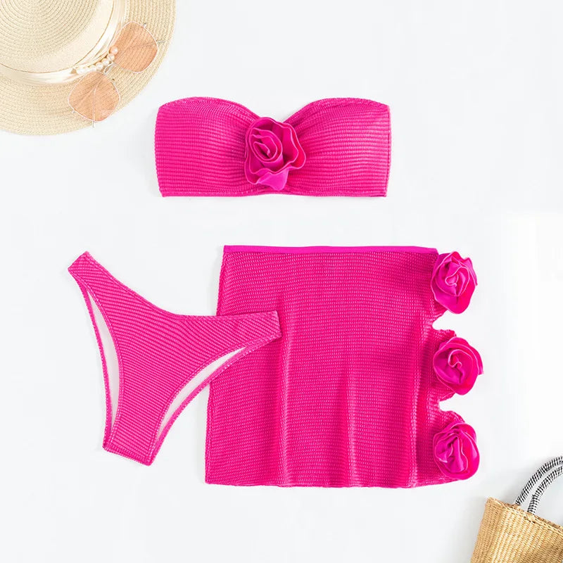 3D flower bandeau bikinis Sets three pieces with flower hollow out mini swimsuit bathing suit biquini