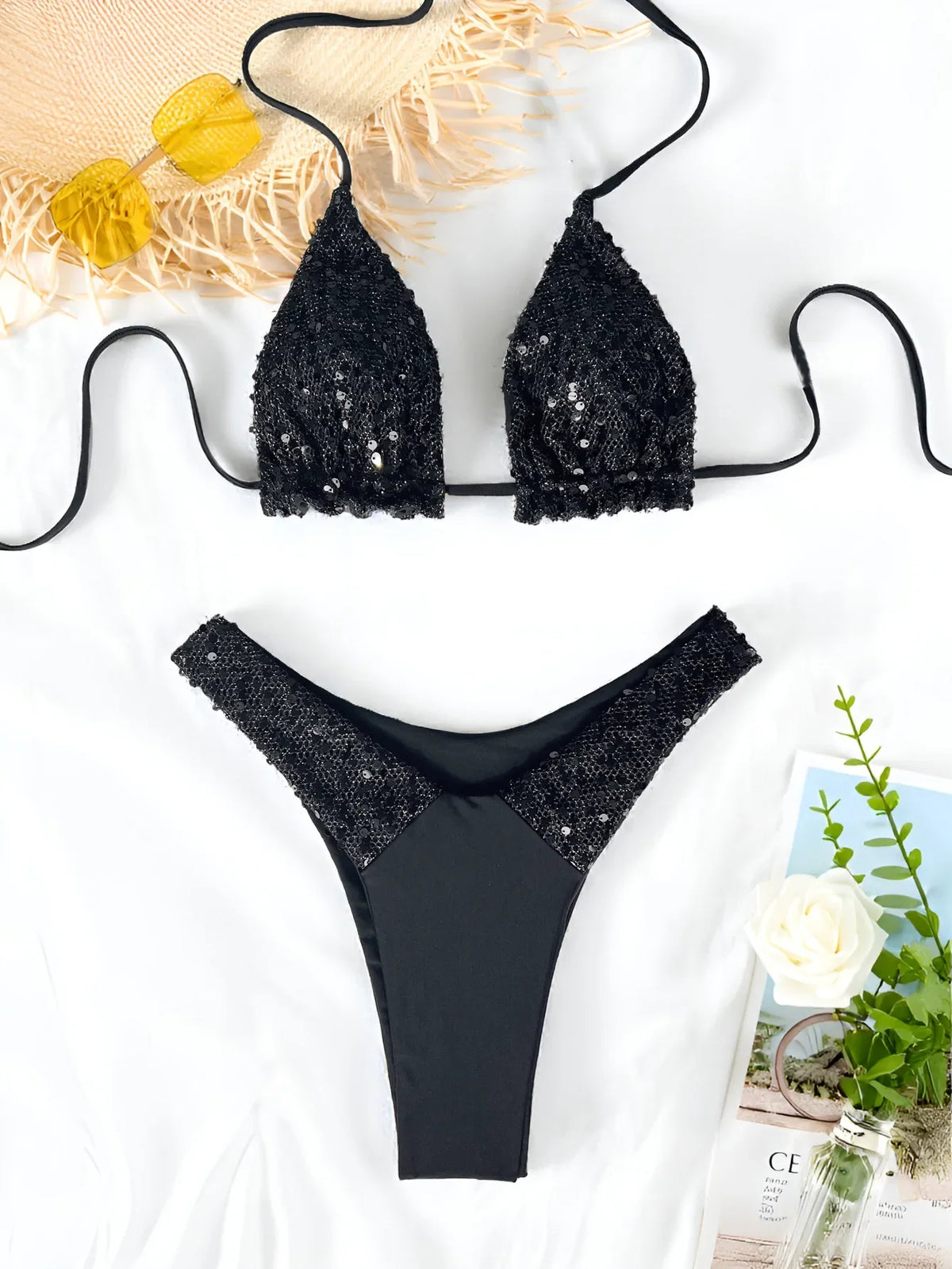 black sequine gillter mini bikinis Sets two pieces swimsuit thong bathingwear Biquini conjunto de bikini tankini