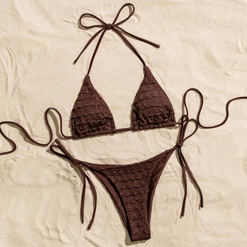 coffee wrinkled string halter bikinis Sets two pieces tie thong swimsuit bathingwear biquini bakini tankini