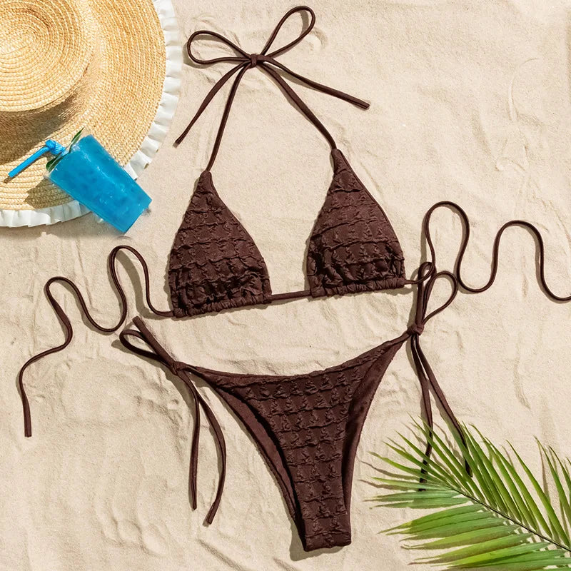 coffee wrinkled string halter bikinis Sets two pieces tie thong swimsuit bathingwear biquini bakini tankini