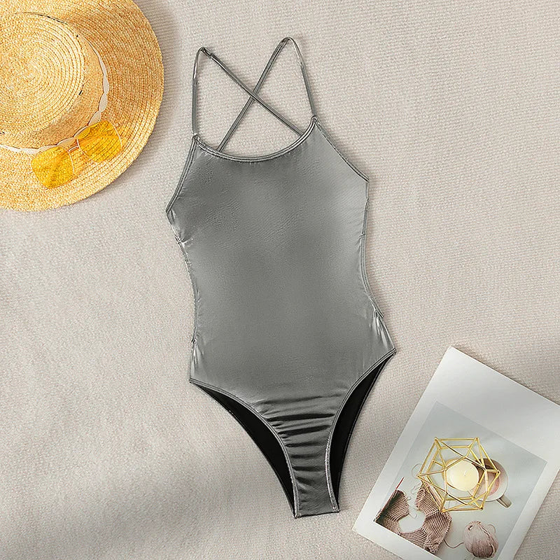glitter metallic silver backless swimsuit one piece bikini bandage swimwears biquini bathing tankini