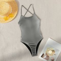glitter metallic silver backless swimsuit one piece bikini bandage swimwears biquini bathing tankini