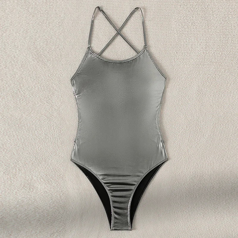 glitter metallic silver backless swimsuit one piece bikini bandage swimwears biquini bathing tankini