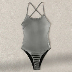 glitter metallic silver backless swimsuit one piece bikini bandage swimwears biquini bathing tankini