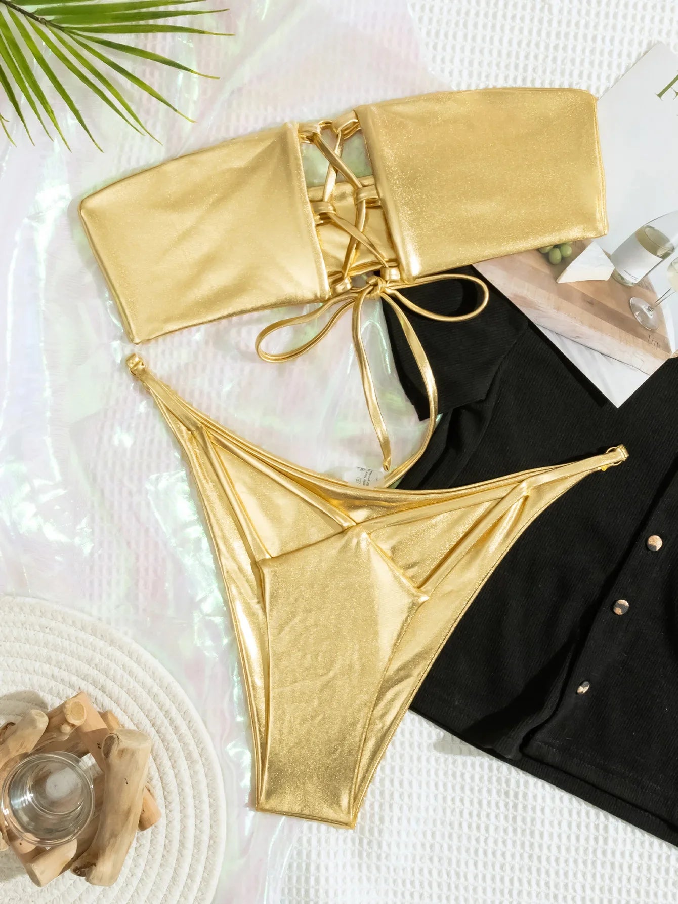 gold giltter bandage bandeau bikinis Sets two pieces thong swimsuit bathingwear biquini
