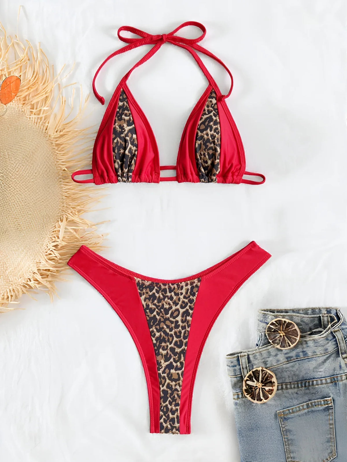 leopard print patchwork bikinis Sets two pieces halter back tie thong swimsuits bathingwear tankini biquini