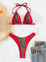 leopard print patchwork bikinis Sets two pieces halter back tie thong swimsuits bathingwear tankini biquini