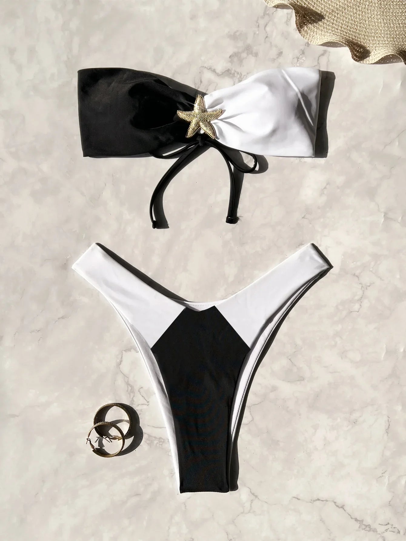 metal starfish patchwork bandeau bikinis Sets two pieces back tie thong swimsuits bathingwear tankini biquini