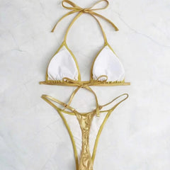 metallic gold glitter halter bikinis Sets two pieces thong bandage swimsuit bathingwear biquini