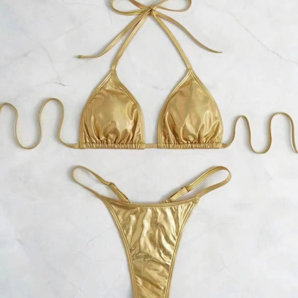 metallic gold glitter halter bikinis Sets two pieces thong bandage swimsuit bathingwear biquini