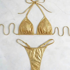 metallic gold glitter halter bikinis Sets two pieces thong bandage swimsuit bathingwear biquini