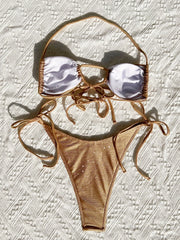 metallic gold glitter halter bikinis Sets two pieces v-waist tie halter thong swimsuit bathingwear biquini bakini