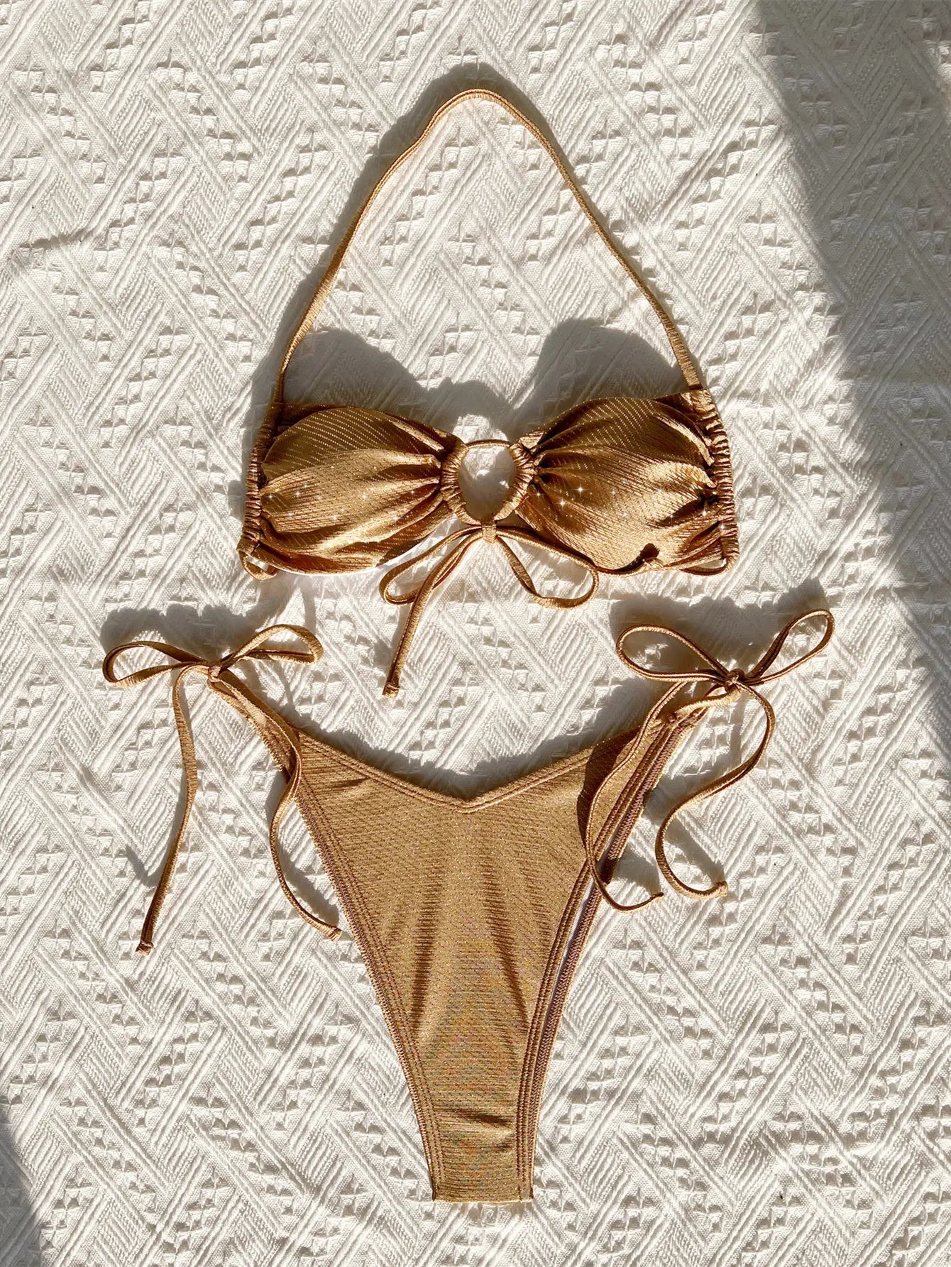 metallic gold glitter halter bikinis Sets two pieces v-waist tie halter thong swimsuit bathingwear biquini bakini