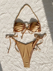 metallic gold glitter halter bikinis Sets two pieces v-waist tie halter thong swimsuit bathingwear biquini bakini