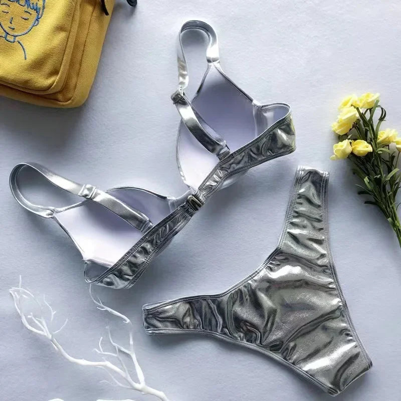metallic micro bikinis Sets bra bathing suit wear thong bikini reflective shinny swimsuits