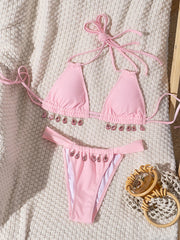 pink pendant halter tie bikinis Sets two pieces drawstring thong bandage swimsuit bathingwear biquini tankini
