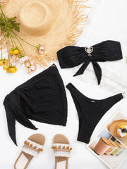rhinestone heart ring bandeau bikinis Sets 3pcs with cover solid swimsuit bathing suit biquini tankini