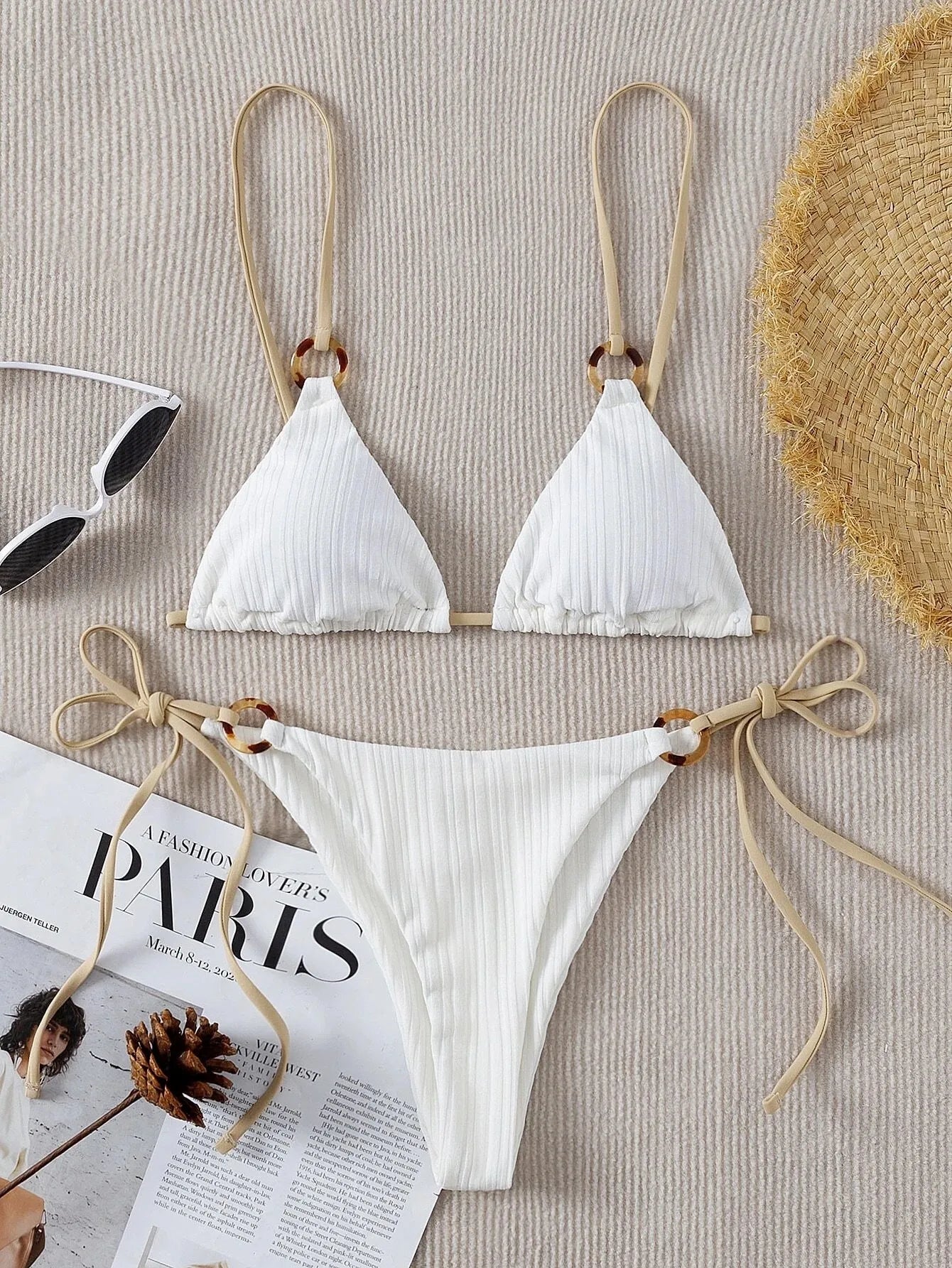 rib texture triangle string bikini Set thong swimsuit cut out bathingwear biquini