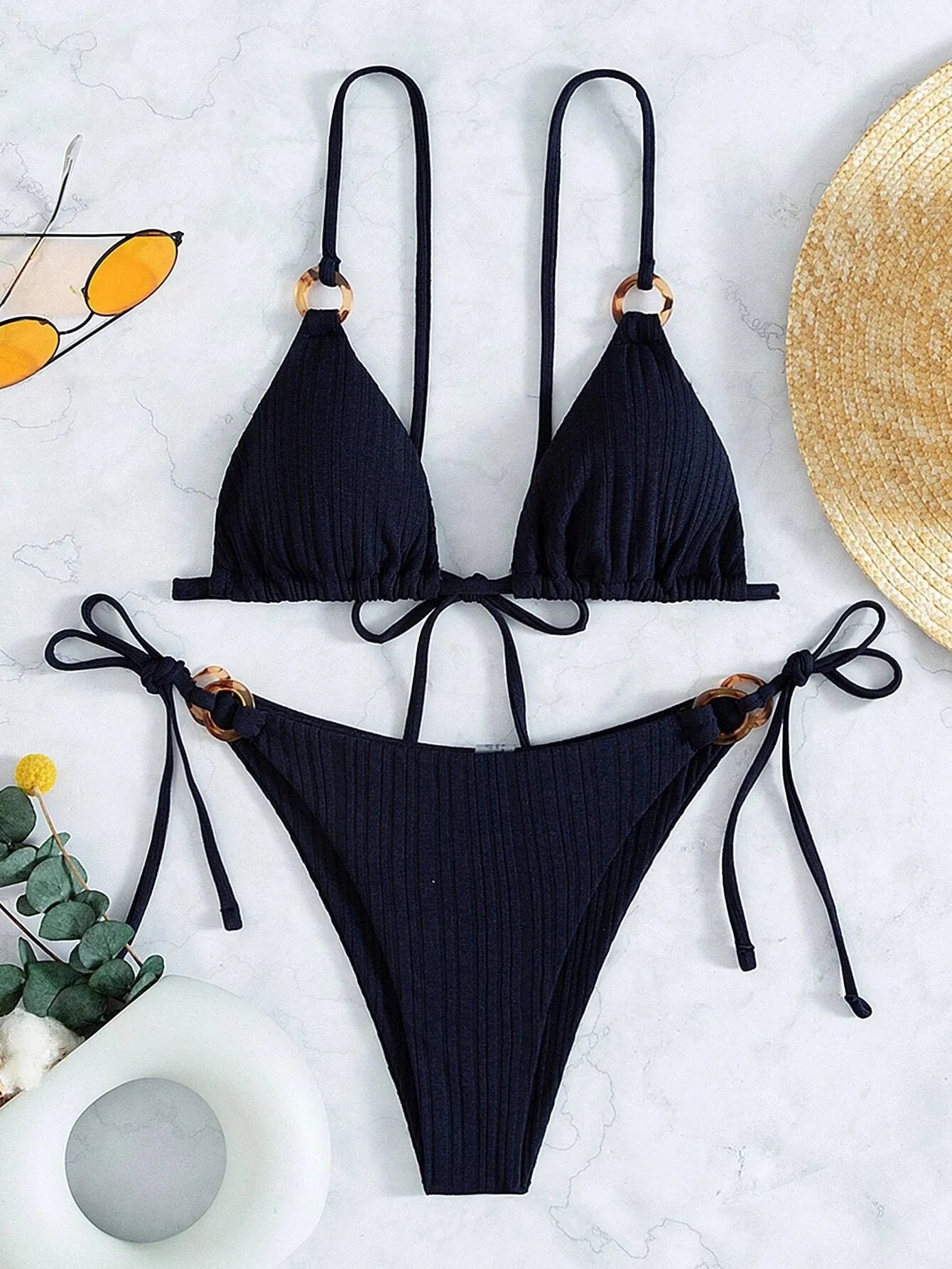 rib texture triangle string bikini Set thong swimsuit cut out bathingwear biquini