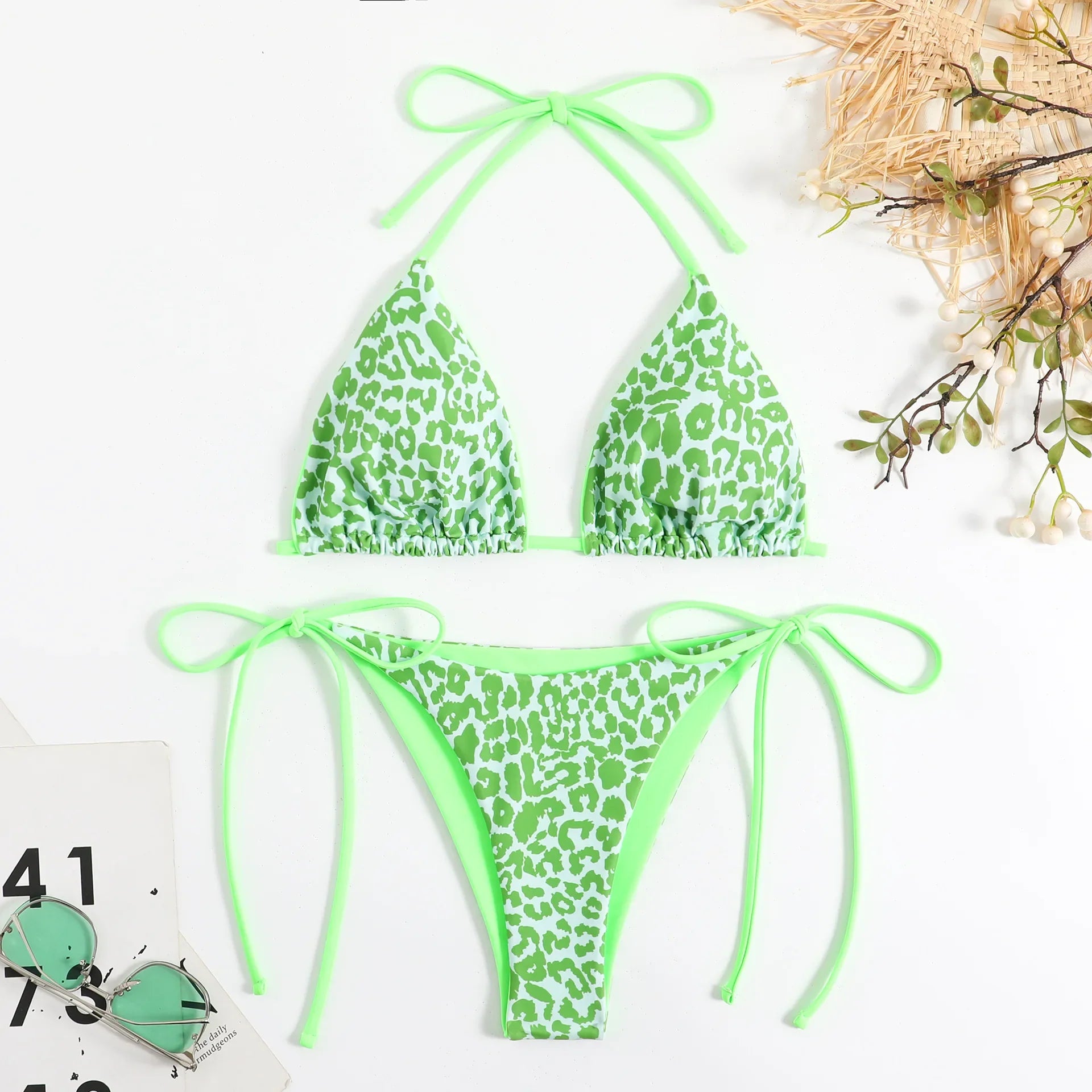 string leopard print bikinis Set swimsuit halter tie thong Swimsuit Biquini conjunto de bikini tankiniwear