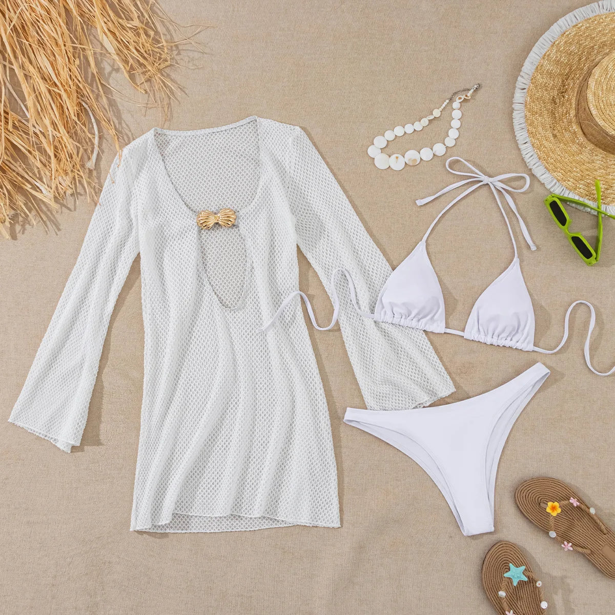 white plain micro bikinis Sets 3pcs with hollow out mesh long sleeve deep v-neck mini dress swimsuits bathing suit biquini