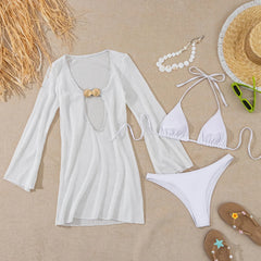 white plain micro bikinis Sets 3pcs with hollow out mesh long sleeve deep v-neck mini dress swimsuits bathing suit biquini