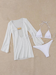 white plain micro bikinis Sets 3pcs with hollow out mesh long sleeve deep v-neck mini dress swimsuits bathing suit biquini