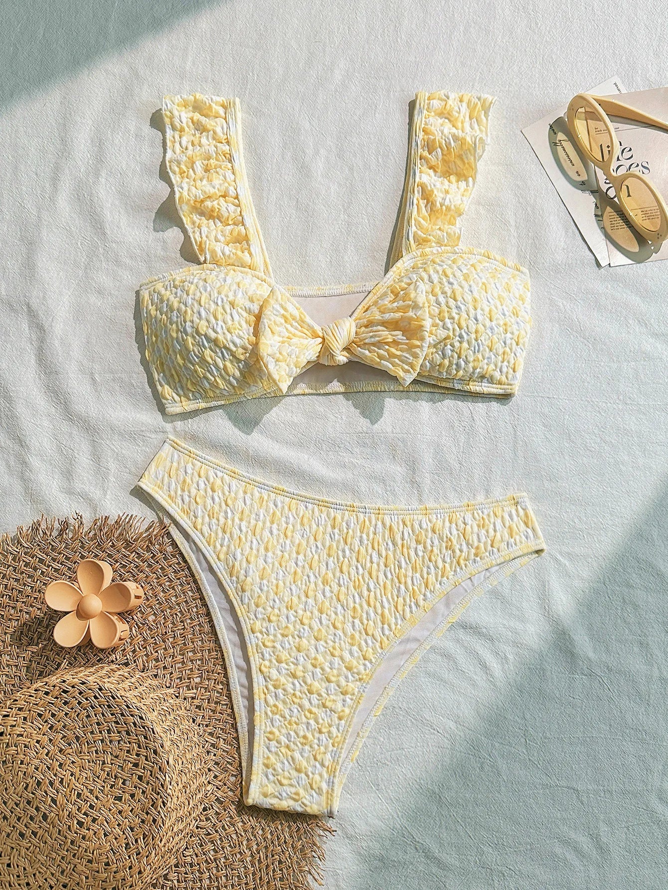 yellow patchwork wrinkled bow ruffles bikinis Sets two pieces thong swimsuit bathingwear biquini