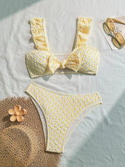yellow patchwork wrinkled bow ruffles bikinis Sets two pieces thong swimsuit bathingwear biquini