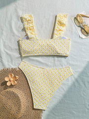 yellow patchwork wrinkled bow ruffles bikinis Sets two pieces thong swimsuit bathingwear biquini