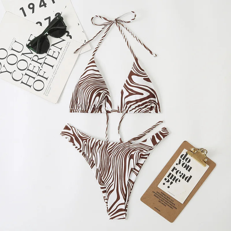 zebra print micro mini bikini halter string triangle swimwear thong swimsuit biquini bikini Set bathing