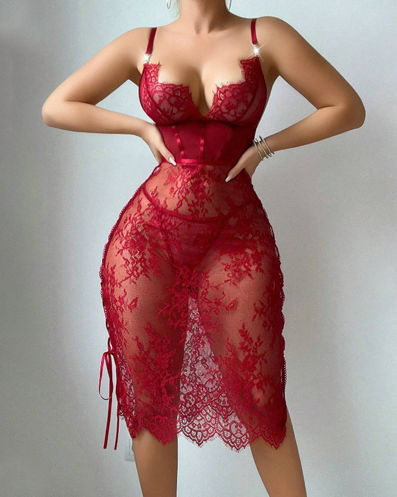 Flower Lace Hollow See-Through Side Strap Long Suspender Dress