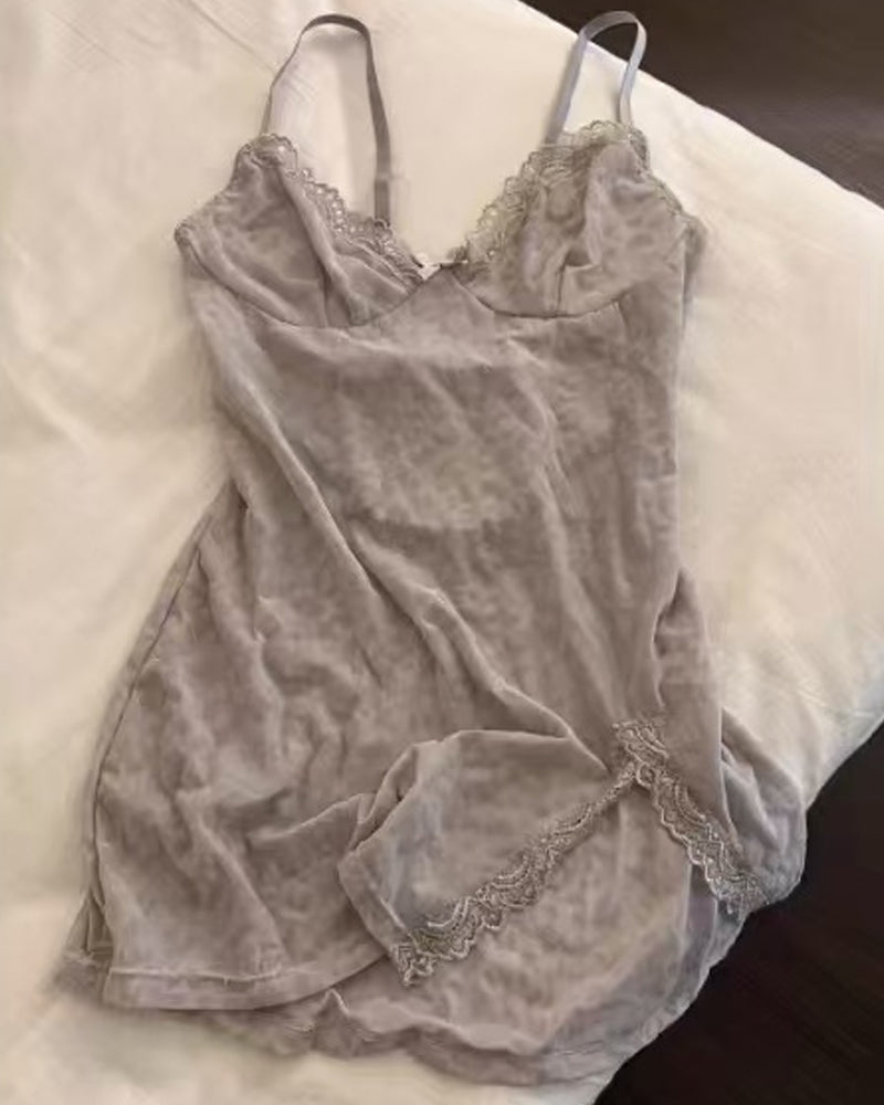 Deep V Flocked Leopard Print See-Through Mesh Bodycon Nightgown