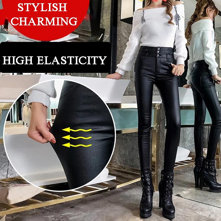 3-button quilted matte leather leggings