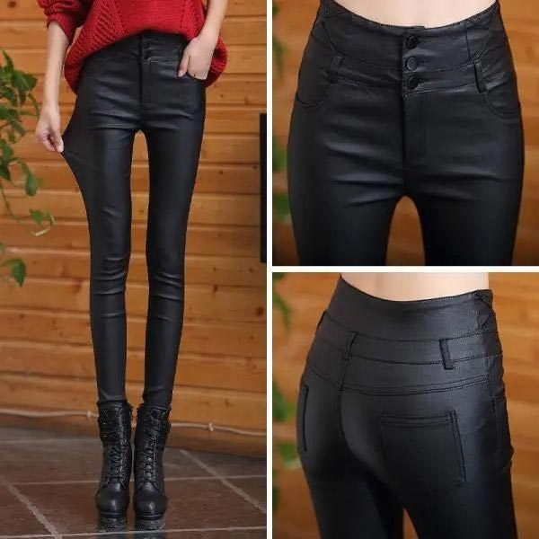 3-button quilted matte leather leggings