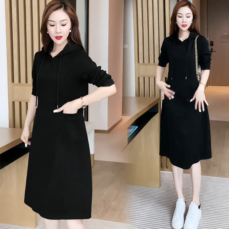 Long Sleeve Hooded Pockets Sweatshirt Dress