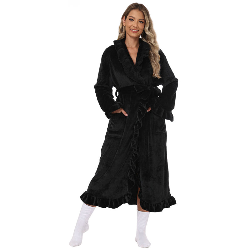 Fleece Dressing Gown â€?Warm Winter Bathrobe with Long Sleeves, French Vintage Style, Fluffy Housecoat for Home
