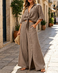 Casual Cotton Linen Shirt and Wide-leg Pants Set