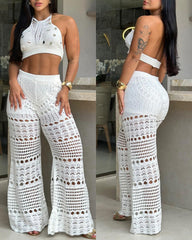 Women's Vacation Knit Hollow Halter Neck Top and Pants Set