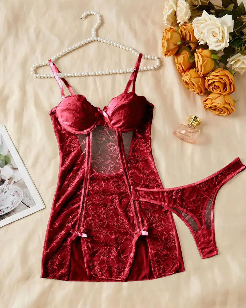 Women's Floral Lace See-through Slip Dress and Thong Set