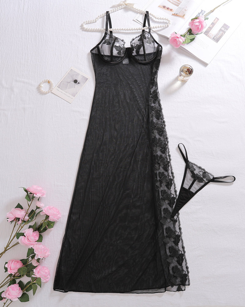 See-through Mesh High-slit Chemise Long Nightgown Set