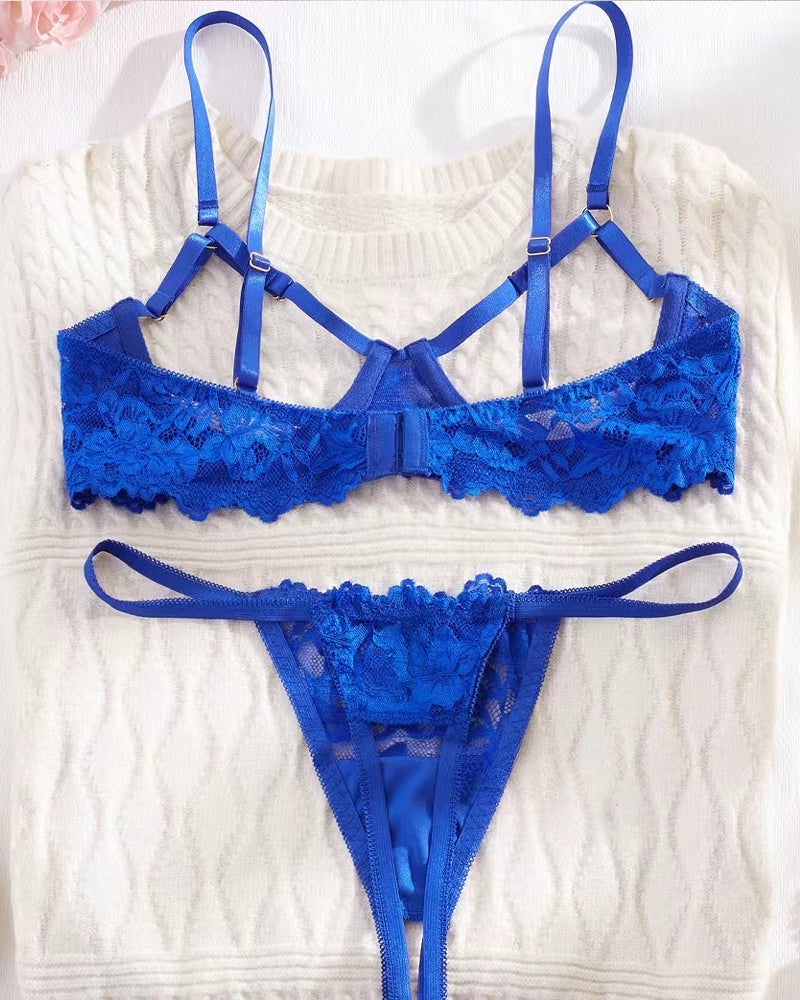 Lace Floral Openwork Bra and Thong Lingerie Set