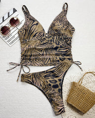 Women's Retro Deep V Leopard Print Bikini Swimsuit Set