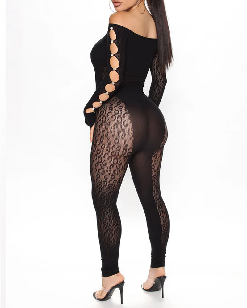 Leopard Print Jacquard Pearl-embellished Cutout Long-sleeved Jumpsuit