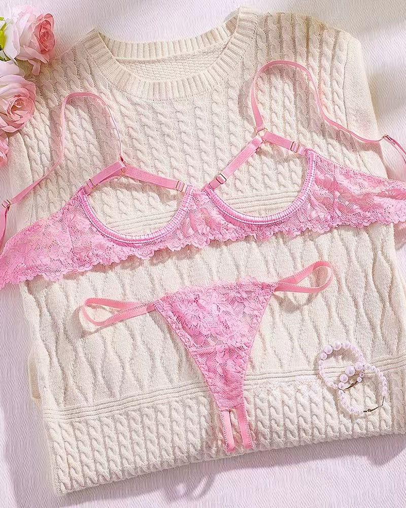 Lace Floral Openwork Bra and Thong Lingerie Set